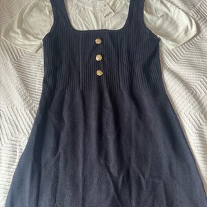 Maeve Navy Ribbed Mini Dress with Gold Buttons